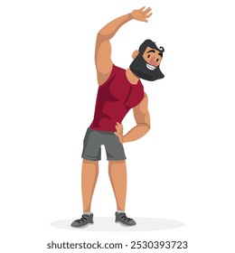 Fitness Man Performs Tilt Exercises, Engaging Core Muscles And Improving Balance. These Dynamic Movements Involve Leaning Body To The Side While Maintaining Stability And Control. Vector Illustration.