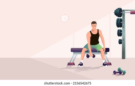 Fitness man raise dumbbell hand, arm gym. Fit male lift weight training. Sports equipment activity. Athletic strong active young boy lifting sitting trainer, strength workout. Vector illustration