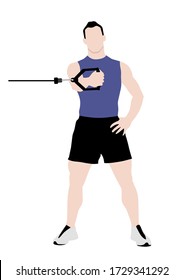 Fitness man standing and training with fitness pulley. Arm, shoulder and chest exercise. Gym. Isolated. Flat style vector illustration.