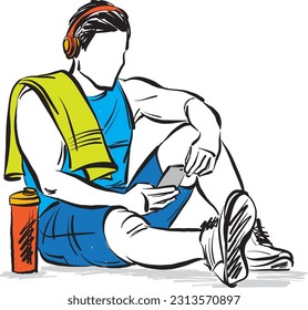 fitness man taking a break listening music and with bottle of water cellphone sports concept vector illustration