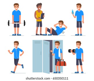 Fitness man training in gym. Flat style vector illustration isolated on white  background.