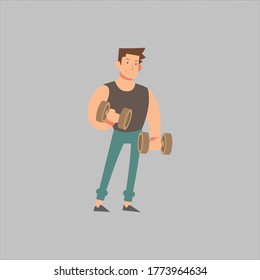 Fitness man training in gym vector illustration. Sport character concept design in flat style. Isolated on grey background