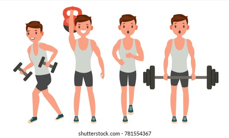 Fitness Man Vector. Different Poses. Variety Of Sport Movements. Cartoon Character Illustration