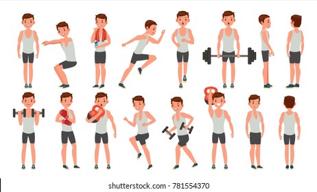 Fitness Man Vector. Different Poses. Weight Training. Exercising Male. Man Figures Is Training On Sport Club. Isolated On White Cartoon Character Illustration