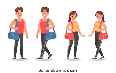 Fitness man and woman doing exercise character vector design. Healthy lifestyle 