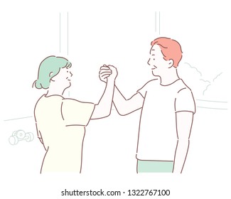 Fitness man and woman giving each other a high five after the training session in gym. Fit couple high five after workout in health club. Hand drawn style vector design illustrations.