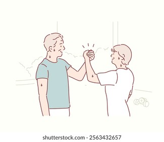 Fitness man and woman giving each other a high five after the training session in gym. Fit couple high five after workout in health club. Hand drawn style vector design illustrations.	