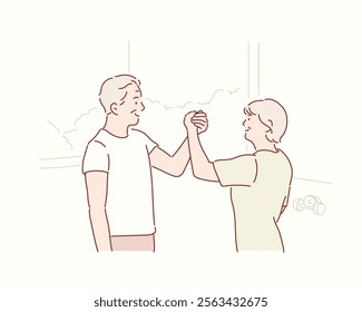 Fitness man and woman giving each other a high five after the training session in gym. Fit couple high five after workout in health club. Hand drawn style vector design illustrations.	