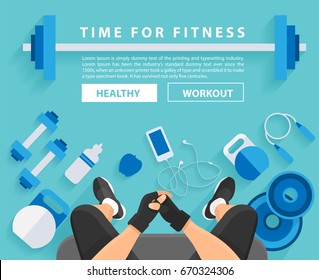 Fitness Man Workout In Gym With Equipment Background, Vector Illustration Layout Template Design