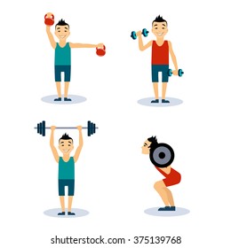 Fitness Man Workouts Set. Vector Illustration Collection