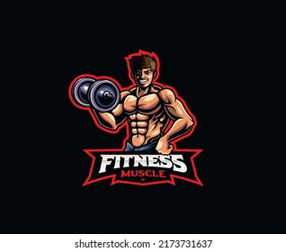 Fitness mascot logo design. Man lifts a barbell vector illustration. Logo illustration for mascot or symbol and identity, emblem sports or e-sports gaming team