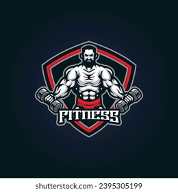 Fitness mascot logo design vector with modern illustration concept style for badge, emblem and t shirt printing. Fitness illustration with barbell in hand.