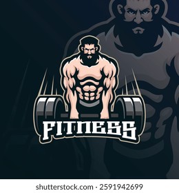 Fitness mascot logo design vector with modern illustration concept style for badge, emblem and t shirt printing. Fitness illustration with barbell in hand.