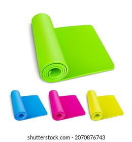 Fitness Mat For Training Yoga Exercise Set Vector. Multicolored Fitness Mat For Exercising And Bodycare In Gym. Gymnastic Mattress Accessory For Aerobic And Fit Template Realistic 3d Illustrations