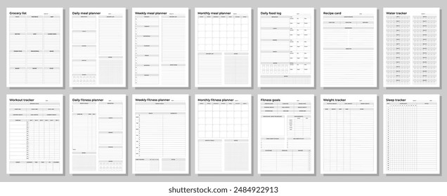 Fitness and meal planners set. Daily, weekly, monthly, workout tracker, fitness goals, weight tracker, daily food log, grocery list, recipe card.