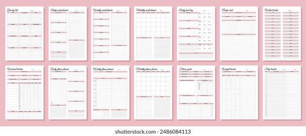 Fitness and meal planners set. Daily, weekly, monthly, workout tracker, fitness goals, weight tracker, daily food log, grocery list, recipe card, water tracker, sleep tracker.