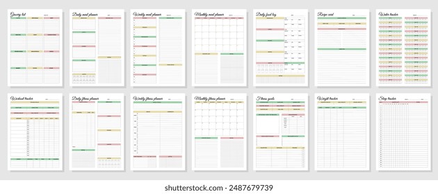 Fitness and meal planners set. Daily, weekly, monthly, workout tracker, fitness goals, weight tracker, daily food log, grocery list, recipe card, water tracker, sleep tracker.