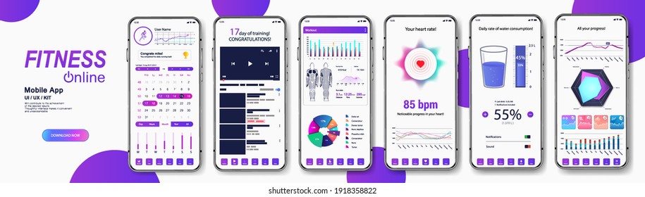 Fitness And Medical App Mockup For UI, UX, GUI. Smartphone Screens With Fit Application Interface - Healthy Lifestyle Concept (fitness,
Workout, Drinking Water With Graphic And Charts). Fitness UI App