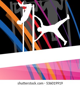 Fitness men active and strong people doing push ups muscles training in sport silhouettes gym background illustration vector