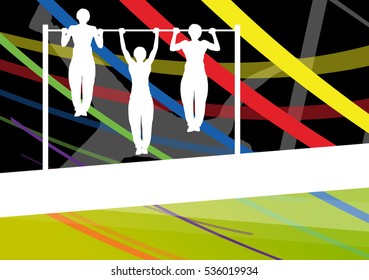 Fitness men active and strong people doing push ups muscles training in sport silhouettes gym background illustration vector