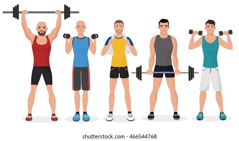 Fitness men in gym set. Healthy lifestyle guys make exercises and gymnastics with barbells and dumbbells