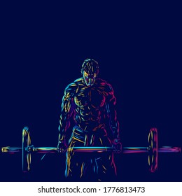 Fitness masculinos en gimnasio línea pop arte retrato logo diseño colorido con fondo oscuro. Ilustración del vector abstracto. Fondo negro aislado para camisetas, afiches, ropa, mercadería, prendas de vestir, diseño de insignias