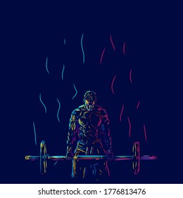 Fitness men on gym line pop art potrait logo colorful design with dark background. Abstract vector illustration. Isolated black background for t-shirt, poster, clothing, merch, apparel, badge design