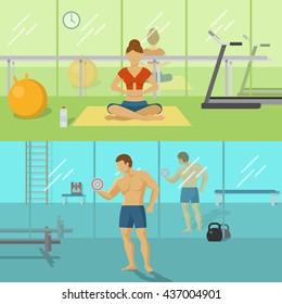 Fitness for men and women compositions with green female hall and blue male gym isolated vector illustration