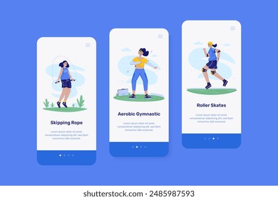 Fitness and mental health with sport routine activity, Workout illustration on onboard screen ui template, Sport lifestyle, Vector illustration