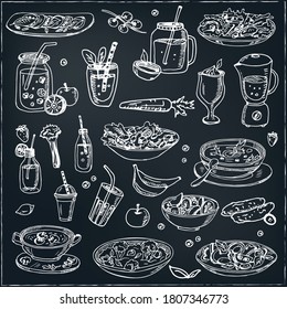 Fitness menu doodle icons Vector illustration on chalkboard