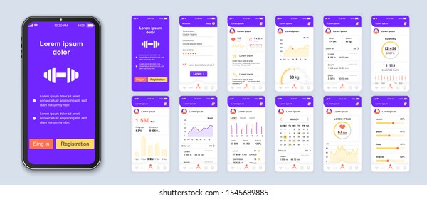 Fitness mobile app interface design vector templates set. Calorie counter. Healthcare and lifestyle web page design layout. Pack of UI, UX, GUI screens for application kit. Phone display