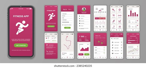 Smartphone-App-Schnittstellenbildschirme für Fitness-Anwendungen Online-Konto, Gewichtsstatistik, Sporttrainingsliste, Herzschlag, Kalorie, Karte. Paket von UI, UX, GUI-Kit für das Web-Layout von Anwendungen. Vektordesign.