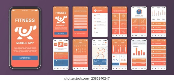 Fitness mobile app interface screens template set. Online account, activity statistic, sport trainings list, data monitoring, map. Pack of UI, UX, GUI kit for application web layout. Vector design.