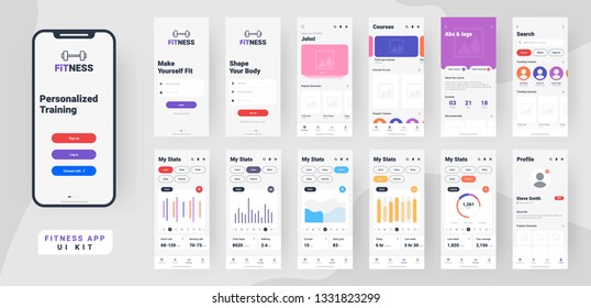 Fitness Mobile App Material Design With Different Gui Screens Including Sign Create Profile, Workout And Statistics Features.