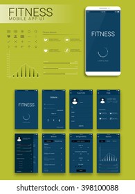 Fitness Mobile App Material Design UI, UX and GUI screens with flat web icons including Sign In, Create Profile, Workout and Statistics features for Mobile Apps and Responsive Website.