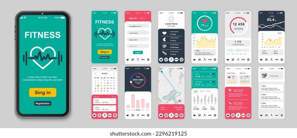 Fitness mobile app screens set for web templates. Pack of login, exercise trainings, data, running tracking, calories control, other mockups. UI, UX, GUI user interface kit for layouts. Vector design