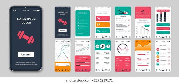 Fitness mobile app screens set for web templates. Pack of login, different trainings, progress statistics, running tracking, other mockups. UI, UX, GUI user interface kit for layouts. Vector design