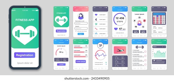 Fitness mobile app screens set for web templates. Pack of sports list, steps counter, wight or pulse information, exercise progress. UI, UX, GUI user interface kit for cellphone layouts. Vector design