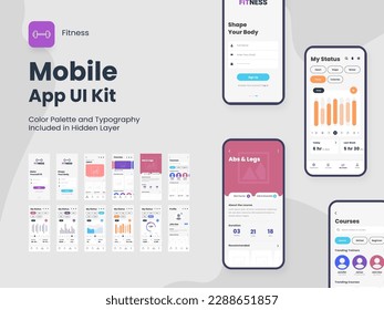 Fitness Mobile App UI Kit Including Account Sign In, Sign Up, Workout And Statistics Features Screen For Responsive Website Wireframe.