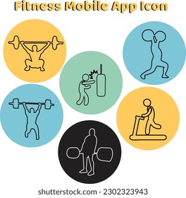 icono vector de aplicación móvil de fitness. y equipo de fitness, símbolos Fitness coloridos iconos de diseño plano conjunto