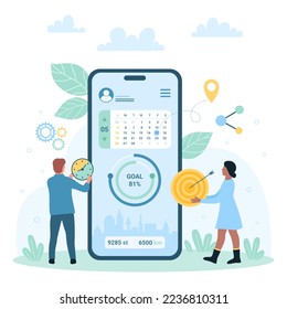 Fitness mobile app vector illustration. Cartoon tiny people work with training schedule in calendar, data about health from tracker application on phone screen, online service to manage workout