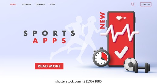 Fitness mobile application web banner with 3d smartphone illustration and heart rate, timeclock and football ball with dumbbell icons and running people composition