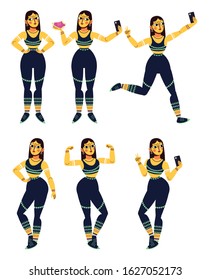 Fitness Model character vector set in sports attire, leggings in different poses with a cell phone and showing off sneakers. female character design in ethnic style