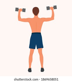 Modelo de fitness o formador. El hombre de pie con la ropa deportiva y los campanazos saliendo. Hombre atlético girando la espalda con dos campanas de púas Isolación ilustración plana vectorial