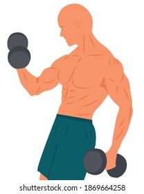 Modelo de fitness o formador. El hombre de pie con la ropa deportiva y los campanazos saliendo. Hombre atlético girando la espalda con dos campanas de púas Isolación ilustración plana vectorial