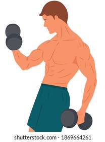 Fitness Model or Trainer. The man standing with the sportswear and dumbbells working out. Athletic man turning his back with holding two dumbbells Isolated flat vector illustration