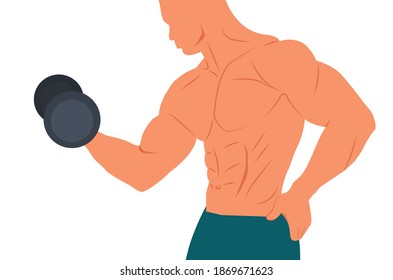 Fitnessmodell oder Trainer. Der Mann, der mit einer Hantel steht, der ausgeht. Athletischer Mann, der eine Hantel hält. Fitness-Muskel-Körper einzeln auf weißem Hintergrund, flache Vektorgrafik. Leistungssportler