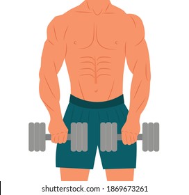 Fitness-Modell. Trainer. Der Mann, der mit einer Hantel steht, der ausgeht. Athletischer Mann, der zwei Hantel hält. Fitness-Muskel-Körper einzeln auf weißem Hintergrund, flache Vektorgrafik. Power-Athletic-Mann