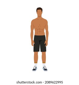 Fitness Model. Trainer. The man standing working out. Athletic man. Fitness muscular body isolated on white background flat vector illustration. Power athletic man