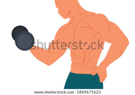 Fitness Model or Trainer. The man standing with dumbbells working out. Athletic man holding dumbbell. Fitness muscular body isolated on white background flat vector illustration. power athletic man